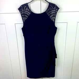 XSCAPE Dress Beaded Short Sleeve Size 16 Navy Ruching Wedding Formal